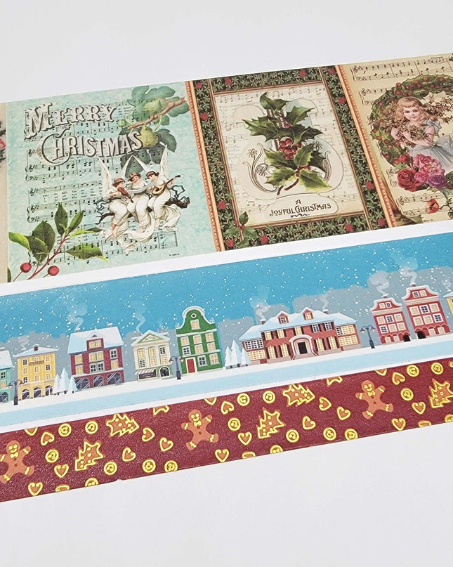 Vintage Christmas holiday winter washi Tapes Set. Extra Wide Tapes Featuring Gingerbread Men, a Snowy Village and Victorian scenes