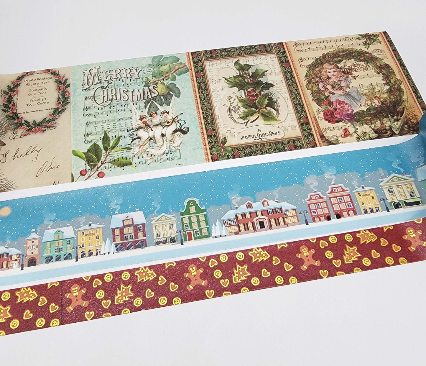 Vintage Christmas holiday winter washi Tapes Set. Extra Wide Tapes Featuring Gingerbread Men, a Snowy Village and Victorian scenes