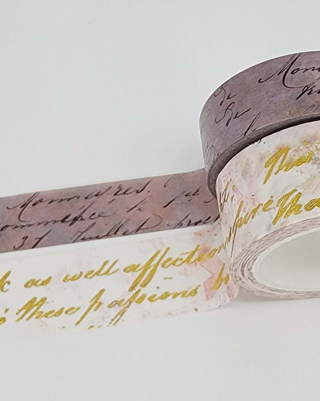 Handwritten Script Calligraphy washi Tape Set. Gold foil, Extra Long Rolls of 10 metres (394 inches). For scrapbooks, decoupage, and crafts