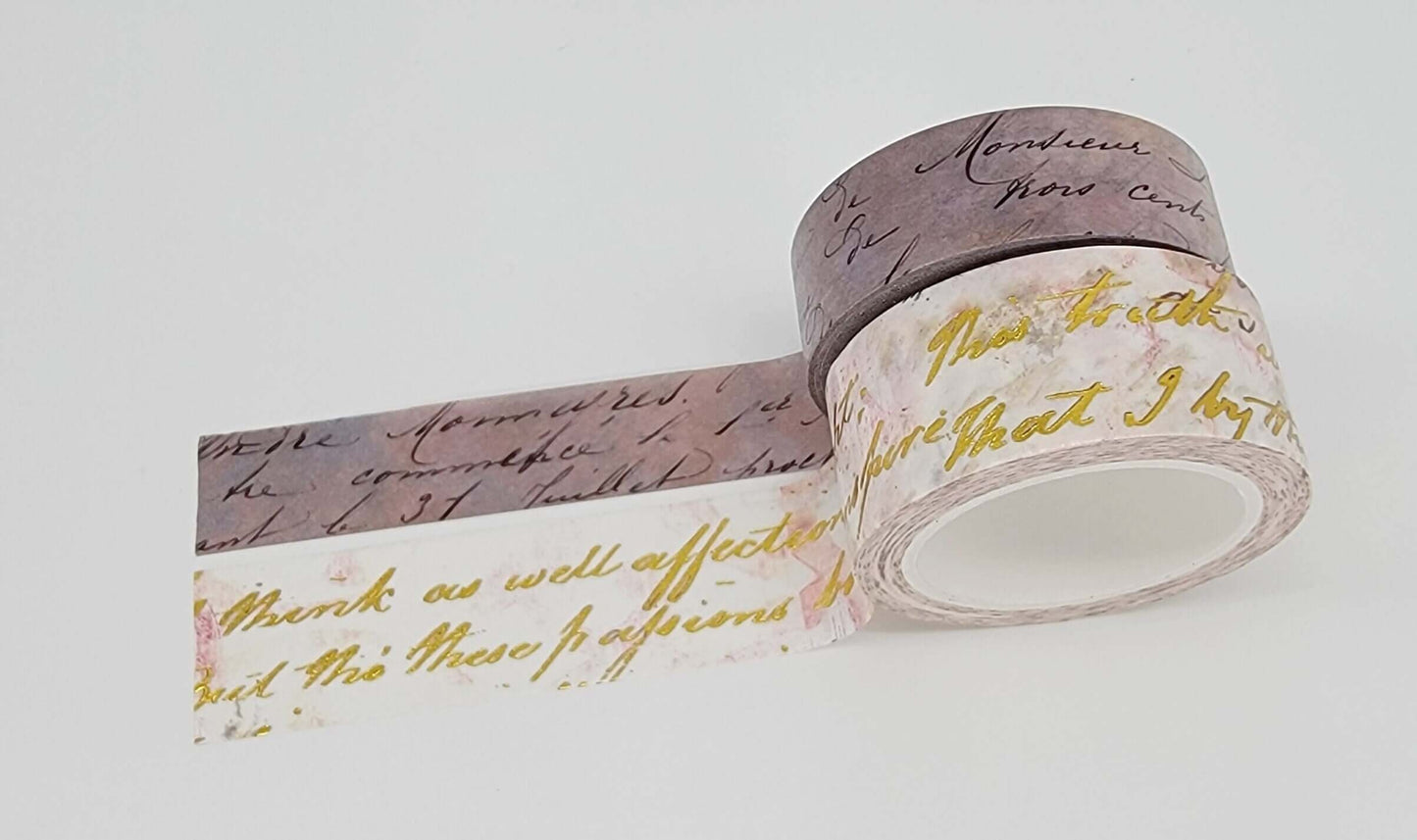 Handwritten Script Calligraphy washi Tape Set. Gold foil, Extra Long Rolls of 10 metres (394 inches). For scrapbooks, decoupage, and crafts