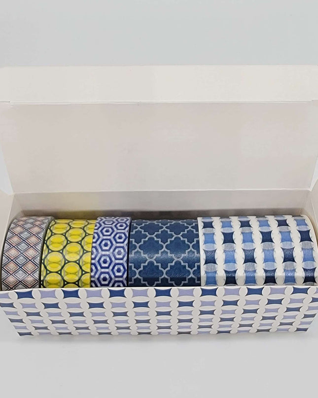 Blue White red Yellow Geometric Patterns washi tape - boxed set.  Extra Wide/Long Tapes! for scrapbooks, journals, Crafts and Decorating