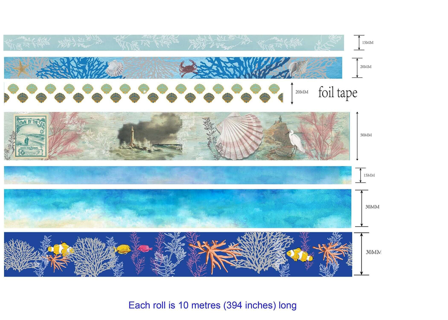 Sea beach Washi Tapes (Blue sea, Ocean Waves & Beach washi Sticker tapes set)  Extra LONG  Decorative Masking Tapes