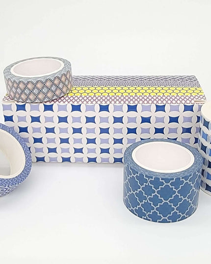 Blue White red Yellow Geometric Patterns washi tape - boxed set.  Extra Wide/Long Tapes! for scrapbooks, journals, Crafts and Decorating