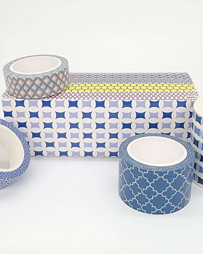 Blue White red Yellow Geometric Patterns washi tape - boxed set.  Extra Wide/Long Tapes! for scrapbooks, journals, Crafts and Decorating