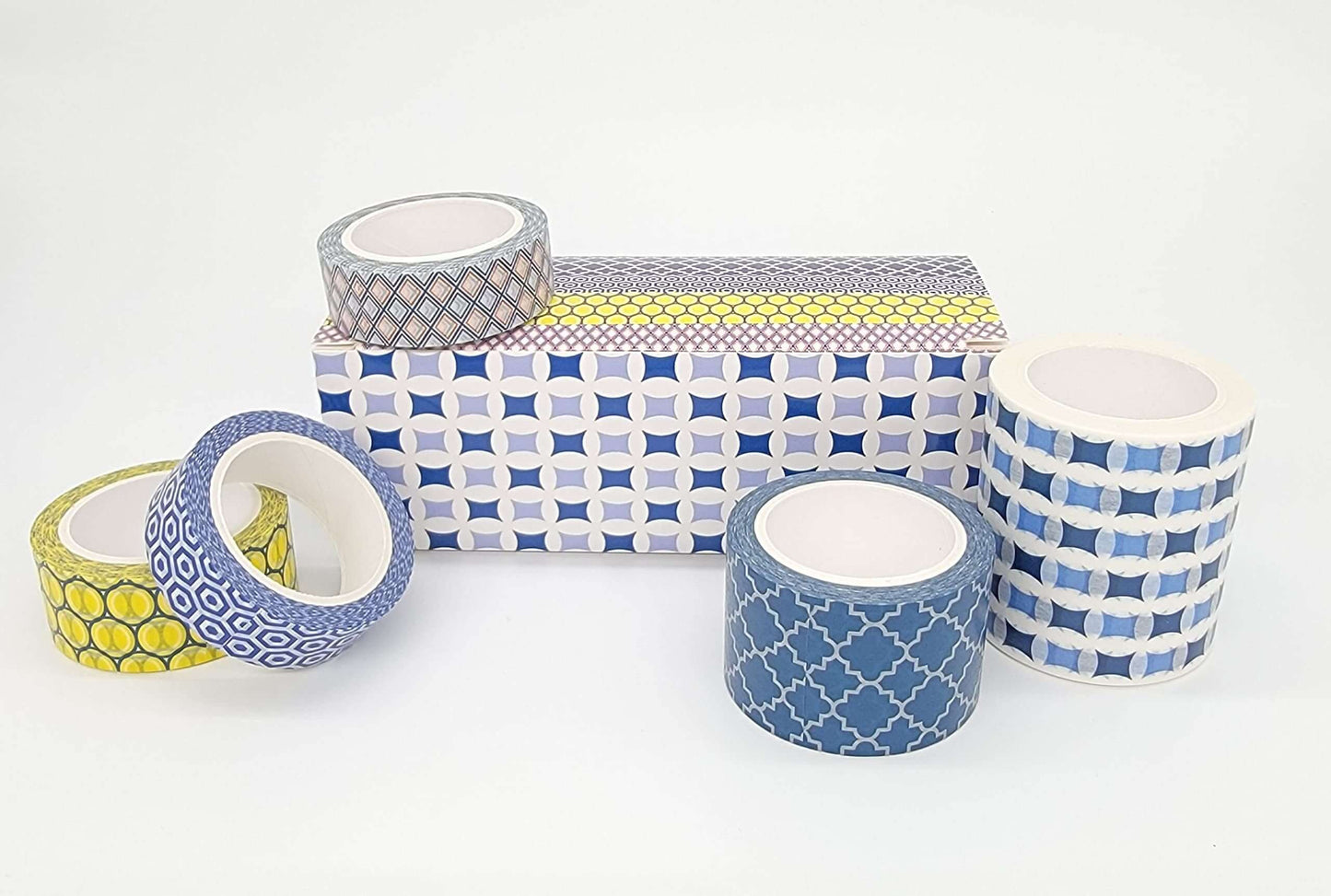 Blue White red Yellow Geometric Patterns washi tape - boxed set.  Extra Wide/Long Tapes! for scrapbooks, journals, Crafts and Decorating