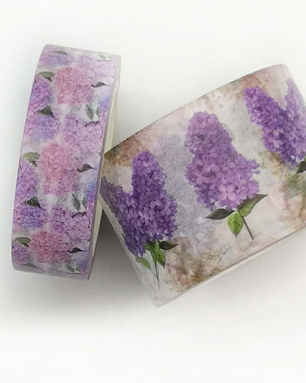 Lilas de printemps vintage et hortensias violets floraux washi autocollant ruban ensemble de 2 rouleaux. Extra long 10 mètres/ 394" par rouleau
