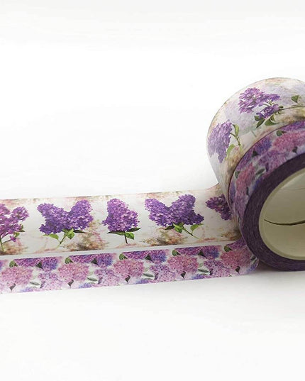 Lilas de printemps vintage et hortensias violets floraux washi autocollant ruban ensemble de 2 rouleaux. Extra long 10 mètres/ 394" par rouleau