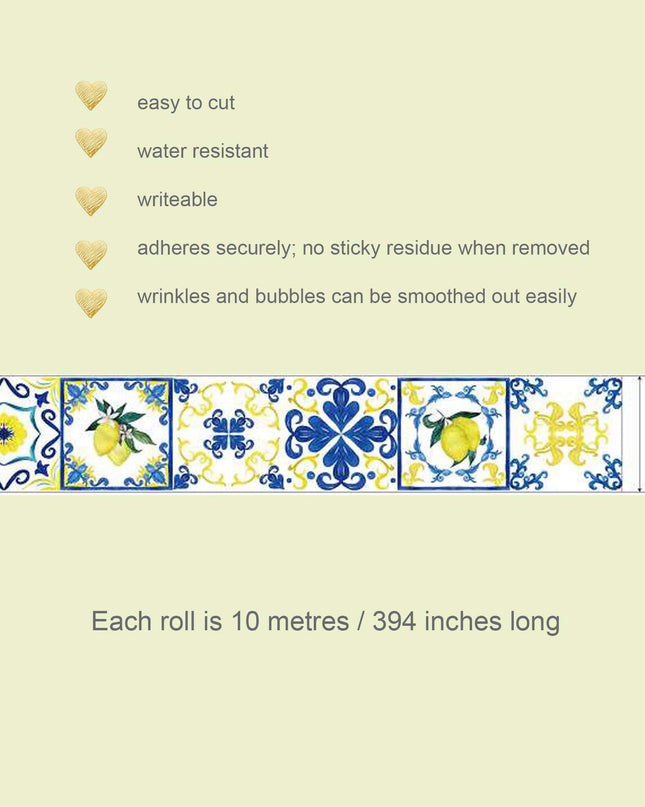 Ruban Washi à motif de carrelage (citrons bleus et jaunes, carreaux italiens de la côte amalfitaine (extra large 10 cm). Facile à utiliser ne laisse aucun résidu collant.