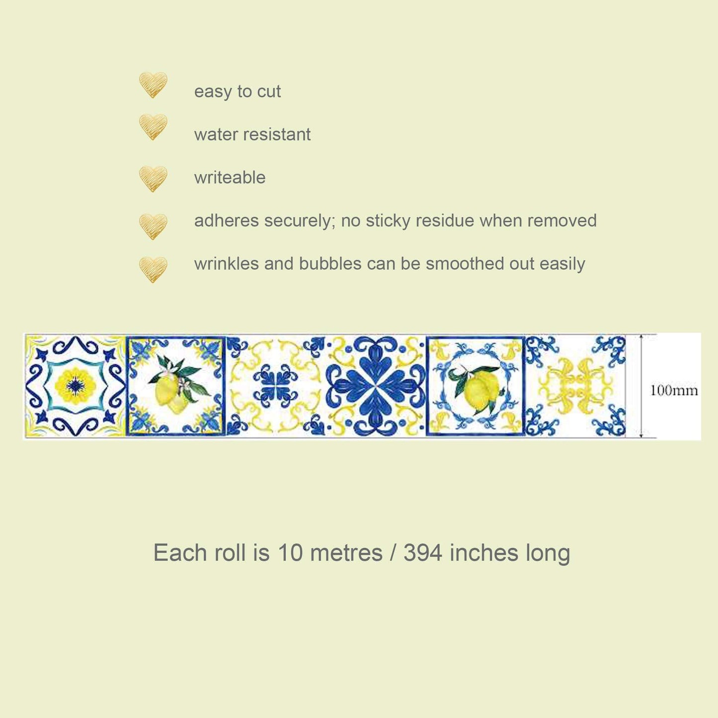 Tile Pattern Washi Tape (Blue & Yellow Lemons Italian Amalfi Coast Tiles  (Extra Wide 10cm). Easy to use leaves no sticky residue