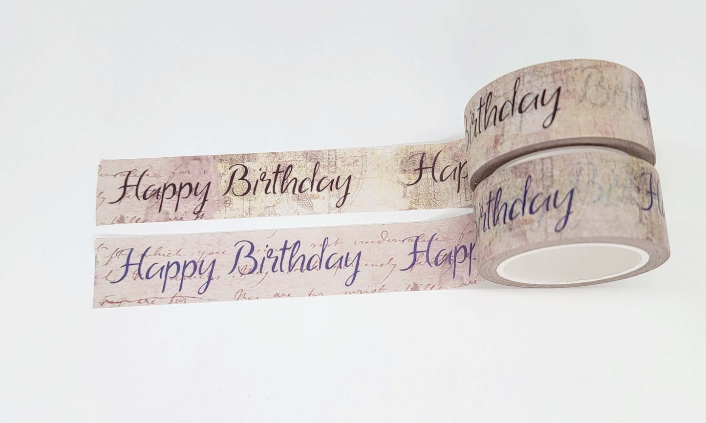 Happy Birthday Vintage washi Tape Set of 2 Rolls. Extra Long 10 m. for Gift Wrapping, DIY Cards, scrapbooks