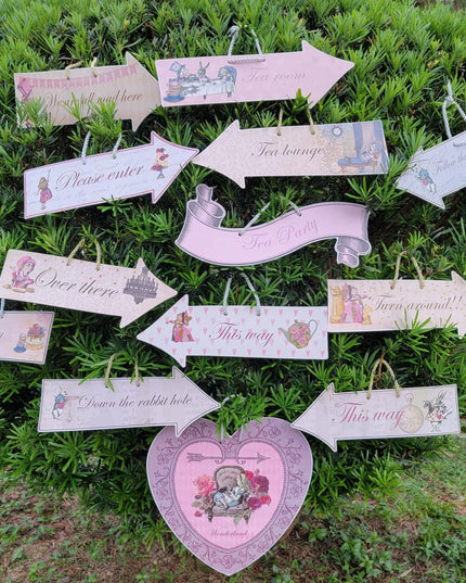 Alice in Wonderland (Mad Hatter Tea Party) Hanging Heart, Arrow Signs. Set of 13 actual signs for party props and decorations