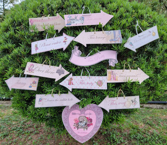 Alice in Wonderland (Mad Hatter Tea Party) Hanging Heart, Arrow Signs. Set of 13 actual signs for party props and decorations