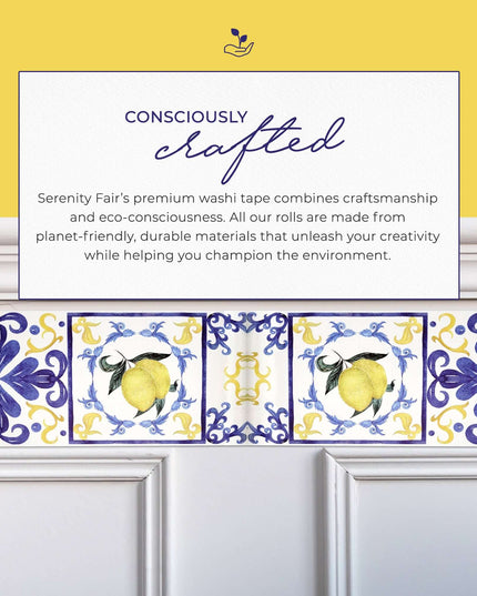 Tile Pattern Washi Tape (Blue & Yellow Lemons Italian Amalfi Coast Tiles  (Extra Wide 10cm). Easy to use leaves no sticky residue