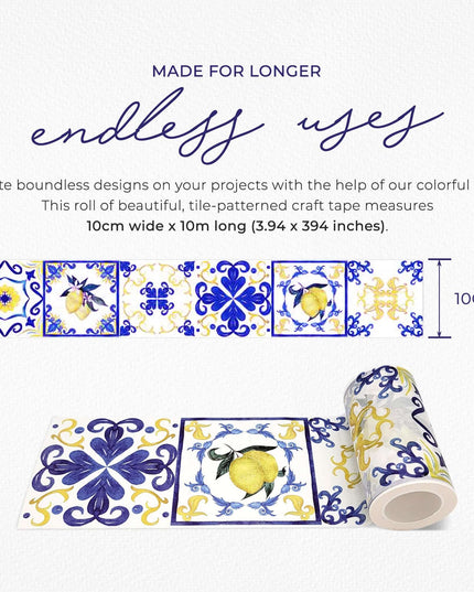 Tile Pattern Washi Tape (Blue & Yellow Lemons Italian Amalfi Coast Tiles  (Extra Wide 10cm). Easy to use leaves no sticky residue