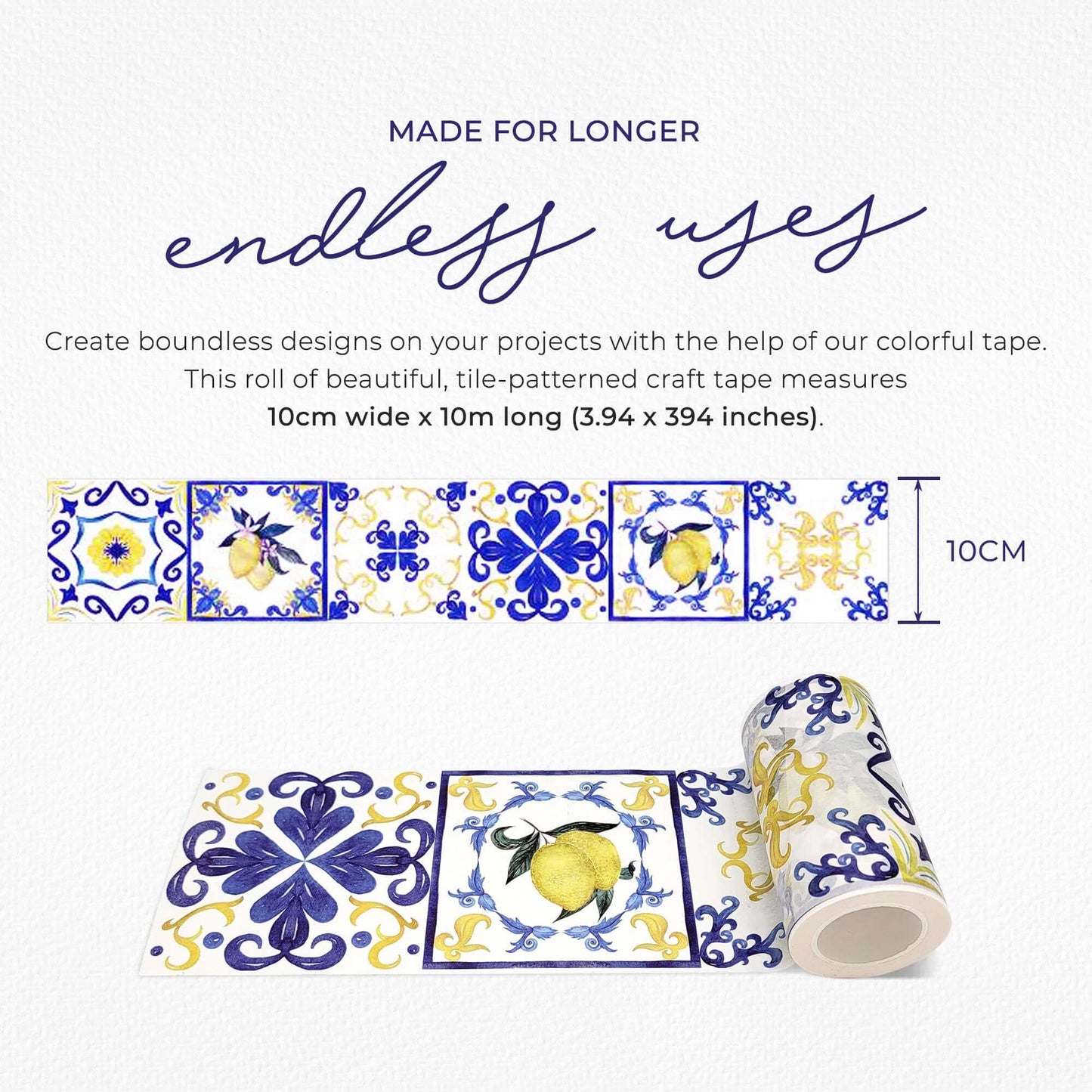 Tile Pattern Washi Tape (Blue & Yellow Lemons Italian Amalfi Coast Tiles  (Extra Wide 10cm). Easy to use leaves no sticky residue