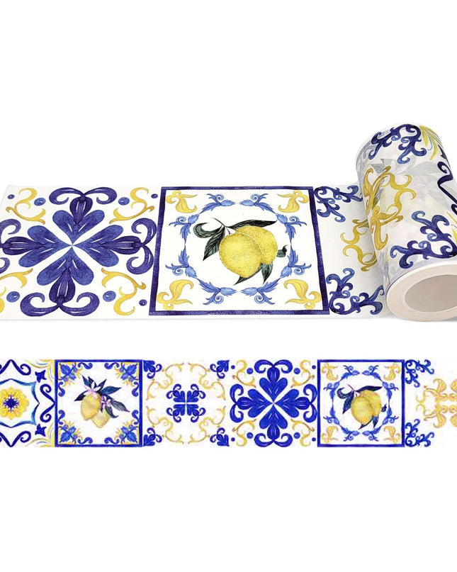 Ruban Washi à motif de carrelage (citrons bleus et jaunes, carreaux italiens de la côte amalfitaine (extra large 10 cm). Facile à utiliser ne laisse aucun résidu collant.