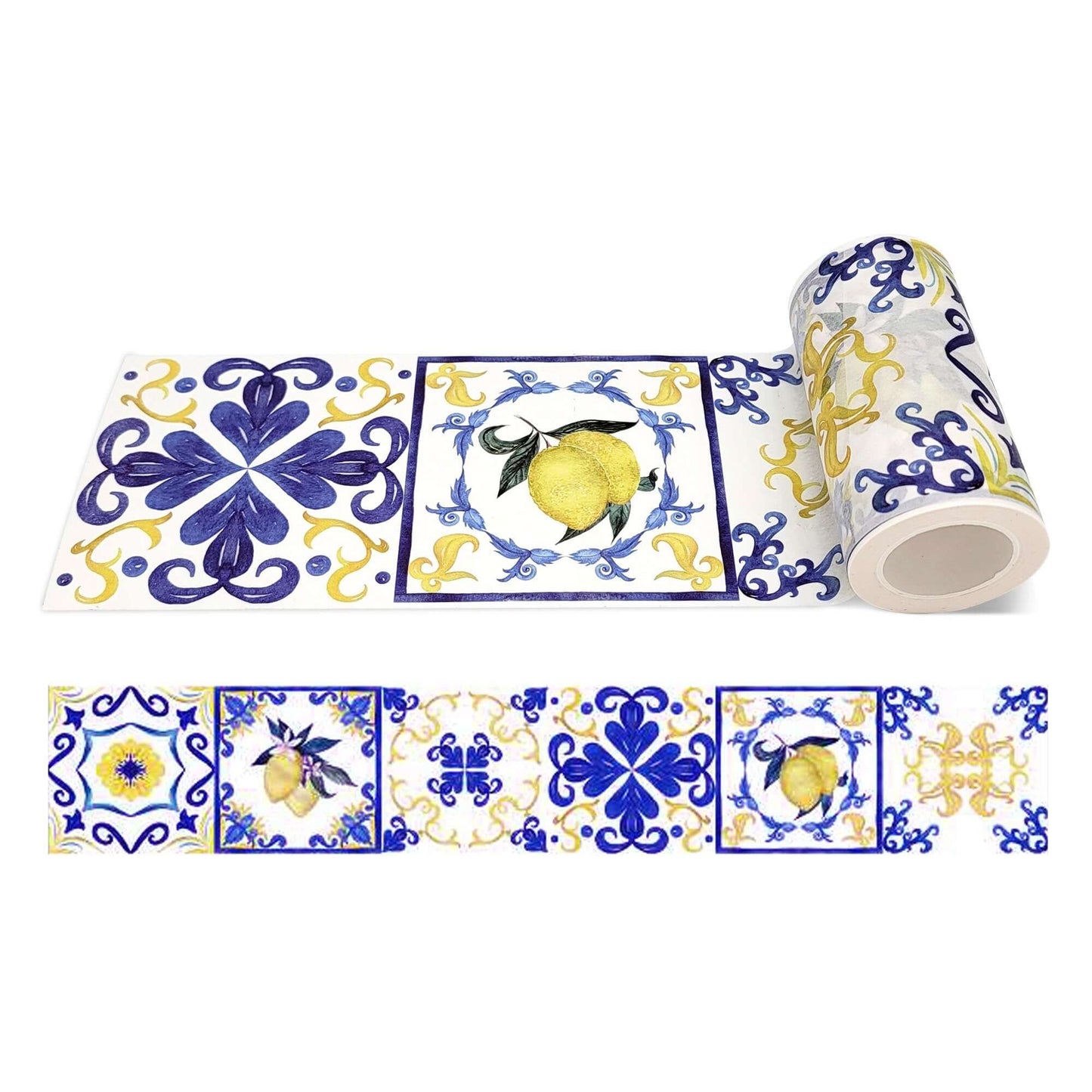 Tile Pattern Washi Tape (Blue & Yellow Lemons Italian Amalfi Coast Tiles  (Extra Wide 10cm). Easy to use leaves no sticky residue