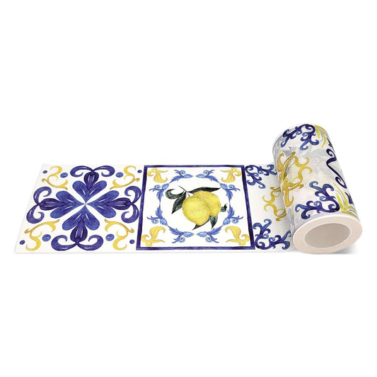 Tile Pattern Washi Tape (Blue & Yellow Lemons Italian Amalfi Coast Tiles  (Extra Wide 10cm). Easy to use leaves no sticky residue