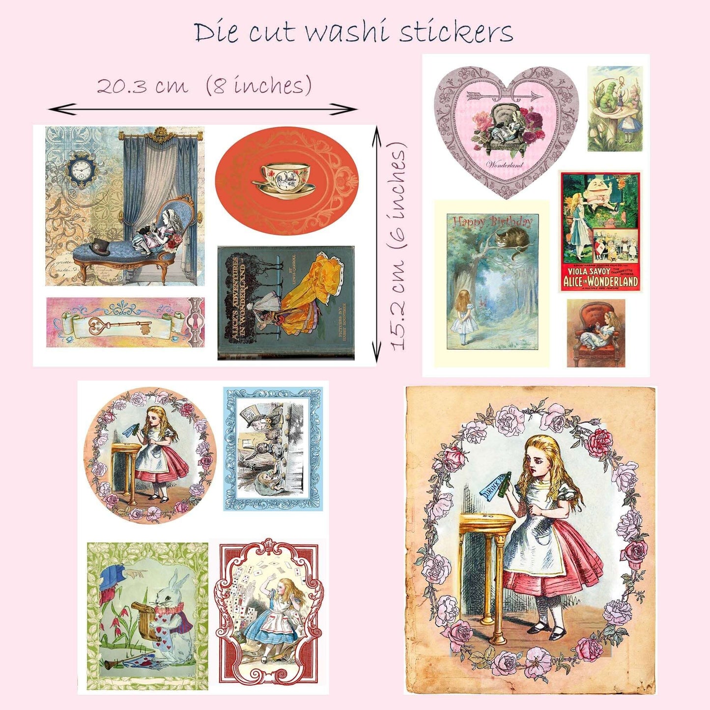 Charming Alice in Wonderland washi Tapes & die cut stickers set for journaling decoupage scrapbooking crafts decorating