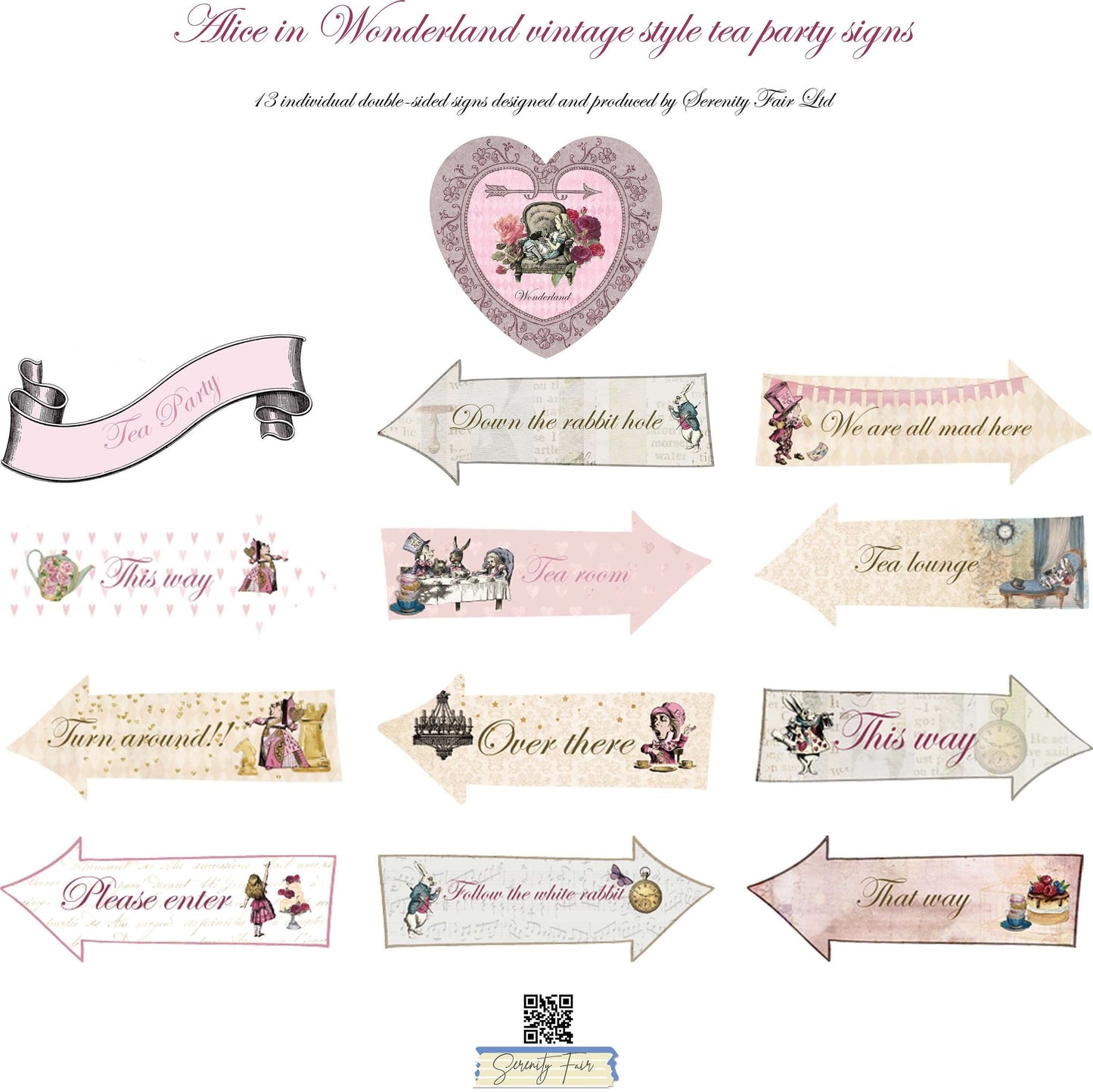 Alice in Wonderland Queen of Hearts Hanging Heart Arrows Signs with washi Tapes. Re useable Tea Party Decorations