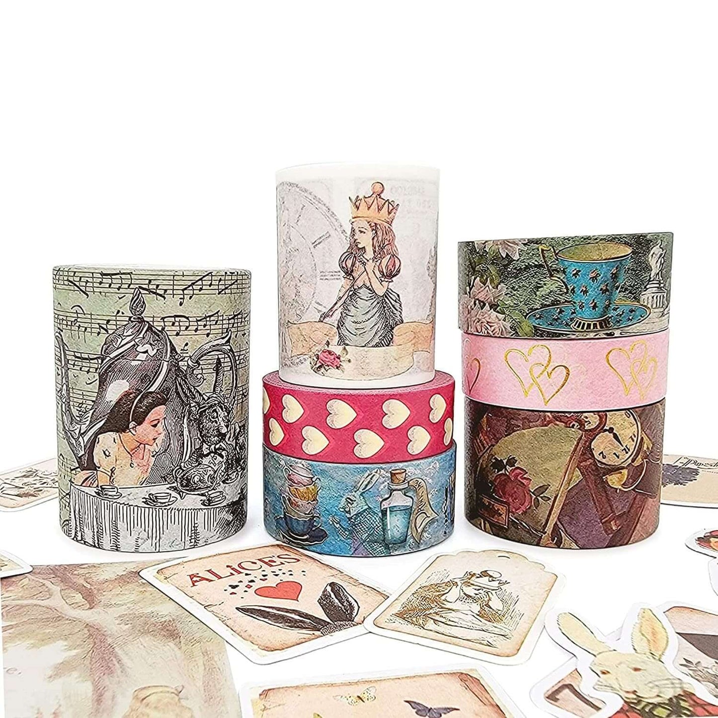 Alice au pays des merveilles Washi Tape Set, 7 rouleaux de ruban washi, autocollants, autocollants découpés pour scrapbooking, fournitures d'artisanat de découpage