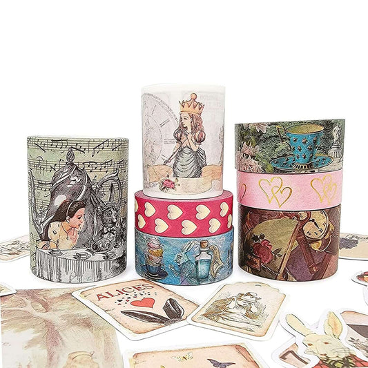 Alice in Wonderland Washi Tape Set, 7 washi Tape Rolls, Stickers, Die Cut Stickers for Scrapbooks Decoupage Crafting Supplies