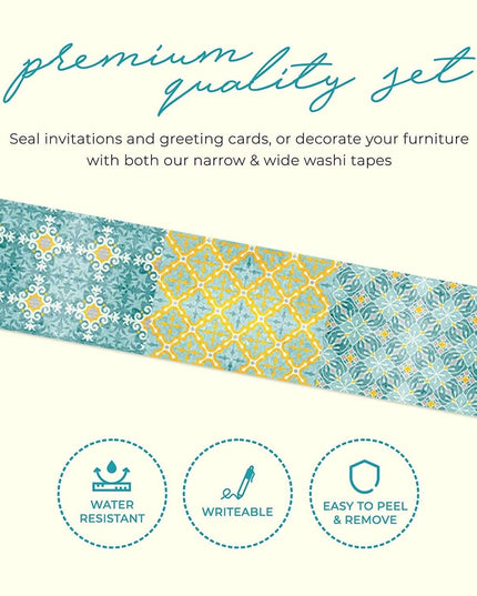 Tile Pattern Washi Tape (Retro Yellow, Teal Blue Tiles washi Tape (Extra Wide) temporary wall borders that leave no sticky residue