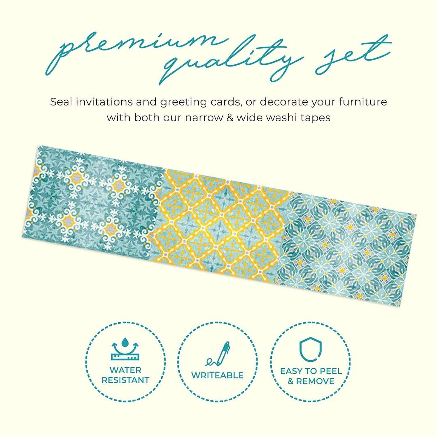 Tile Pattern Washi Tape (Retro Yellow, Teal Blue Tiles washi Tape (Extra Wide) temporary wall borders that leave no sticky residue