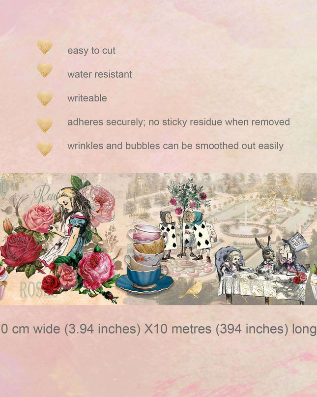 Alice in Wonderland Gold foil Extra Wide washi sticker tape for scrapbooks, Crafts, journals, DIY Cards Tea Party Decorations…