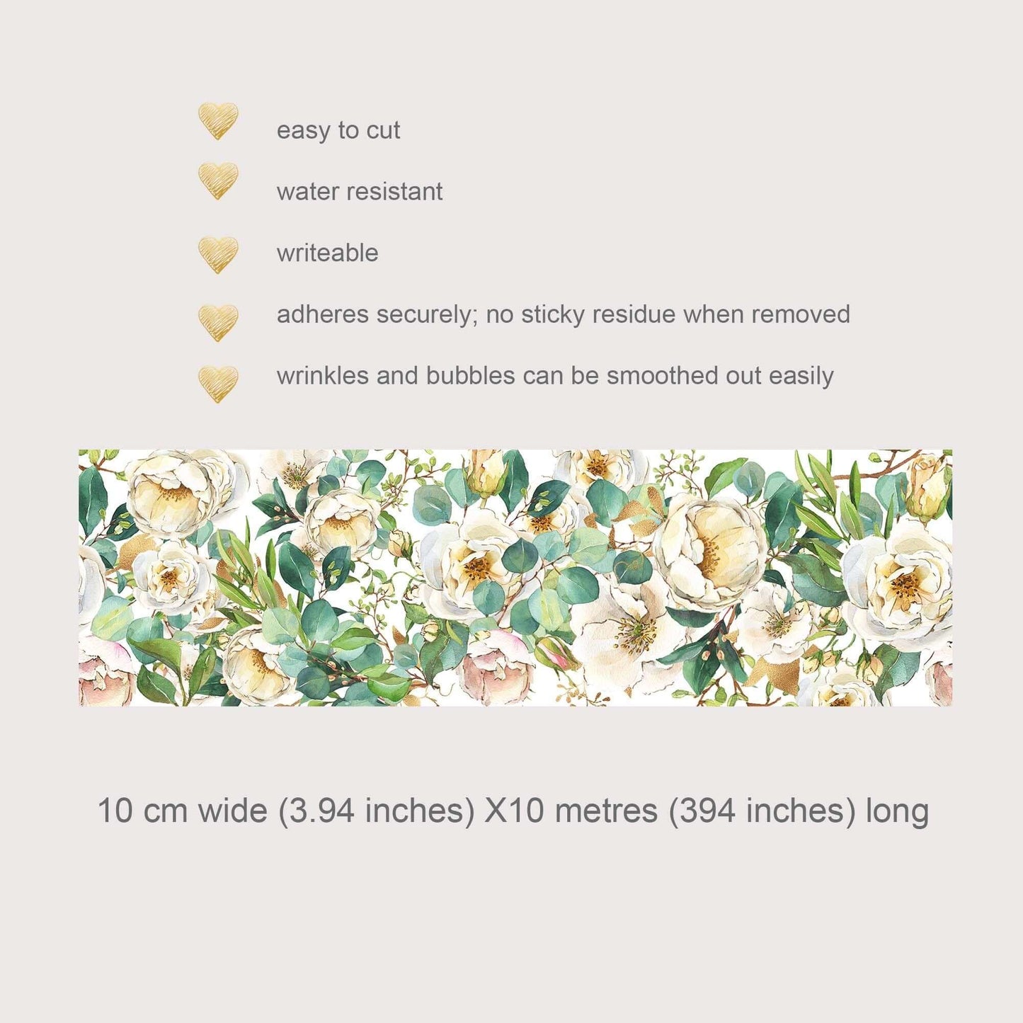 Extra Wide White Floral Camellias Washi Tape for scrapbooks DIY Decorating wall art, scrapbooks Temp Wallpaper Border. No sticky residue!