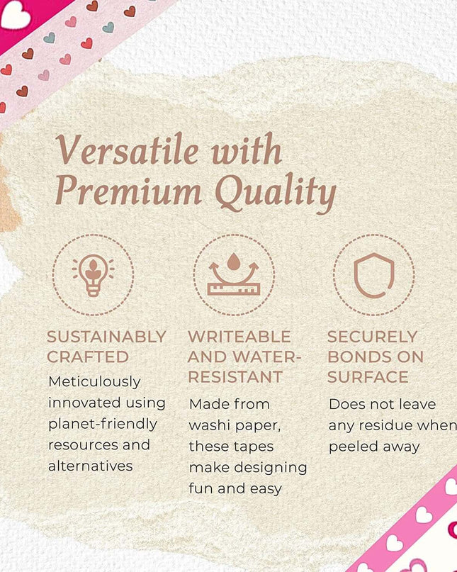 Valentine's Day Washi Tapes (Gold foil Hearts washi Tapes Set of 7rolls.) for scrapbooks, Gift Wrapping, decoupag, Crafts. No Sticky Residue