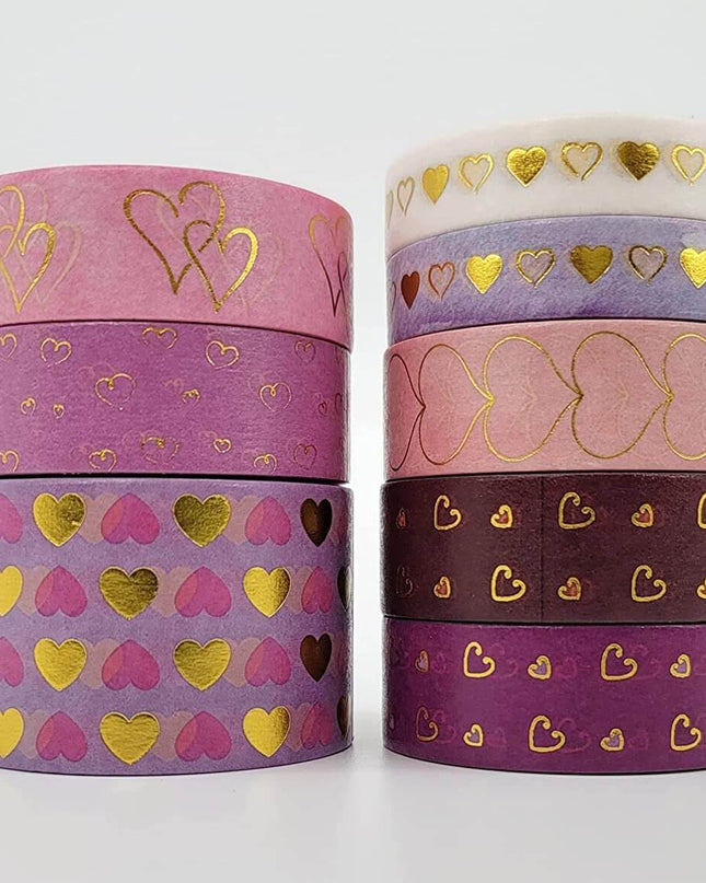 Valentine's Day Washi Tapes (Gold foil Hearts washi Tapes Set of 7rolls.) for scrapbooks, Gift Wrapping, decoupag, Crafts. No Sticky Residue
