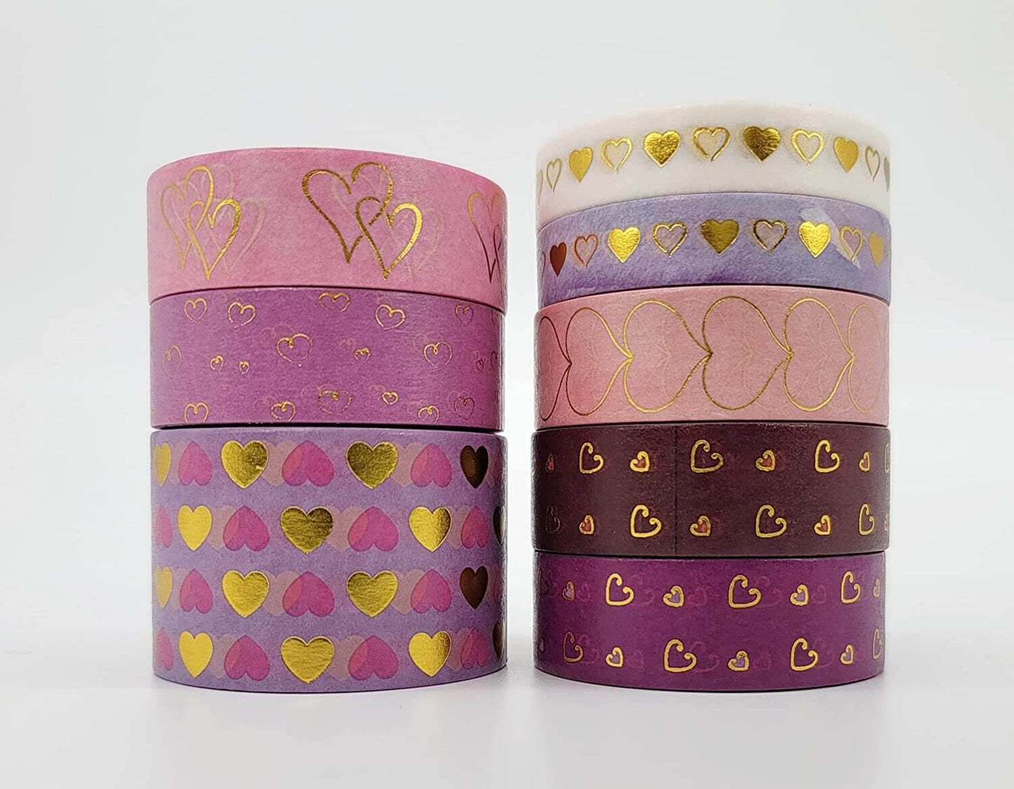 Valentine's Day Washi Tapes (Gold foil Hearts washi Tapes Set of 7rolls.) for scrapbooks, Gift Wrapping, decoupag, Crafts. No Sticky Residue