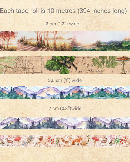 Forêt boisée de montagne Nature washi Tape Set 5 rouleaux de rubans extra longs 10 mètres pour journaux, albums, artisanat, emballage cadeau