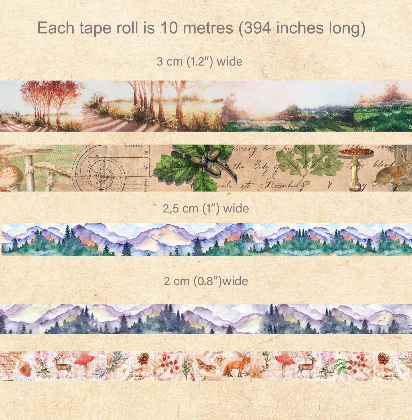 Mountain woodland  forest Nature washi Tape Set 5 Rolls of Extra Long Tapes 10 metres  for journals, scrapbooks, crafts, gift wrapping