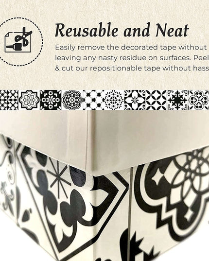 Retro Black and White Spanish Tile Patterns washi Tape. Extra Wide 3.6 inches (9.2 cm)