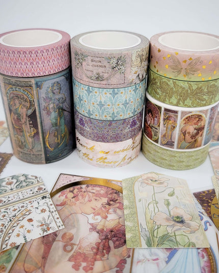 Alphonse Mucha Art Tapes (ensemble de bandes autocollantes washi Art Nouveau Color/Gold Metallic) albums, découpage, cartes de bricolage et décoration