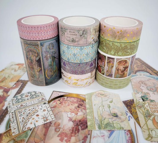 Alphonse Mucha Art Tapes (Art Nouveau Color/Gold Metallic washi sticker tape set) scrapbooks, decoupage, DIY cards and decorating