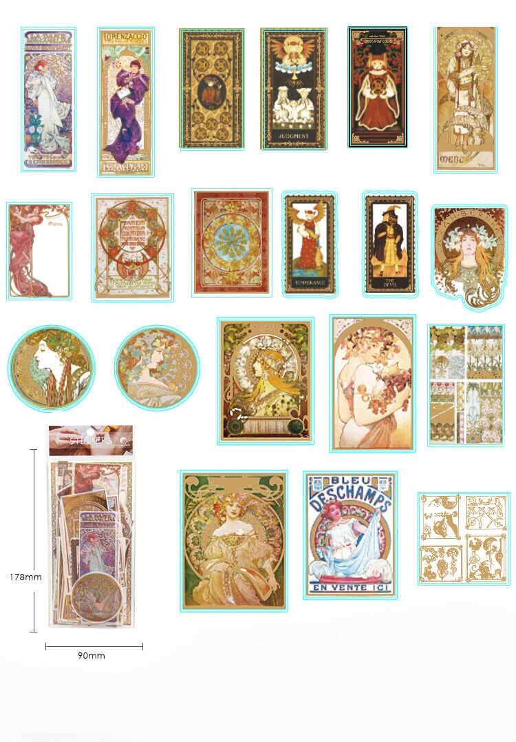 Alphonse Mucha Art Tapes (Art Nouveau Color/Gold Metallic washi sticker tape set) scrapbooks, decoupage, DIY cards and decorating