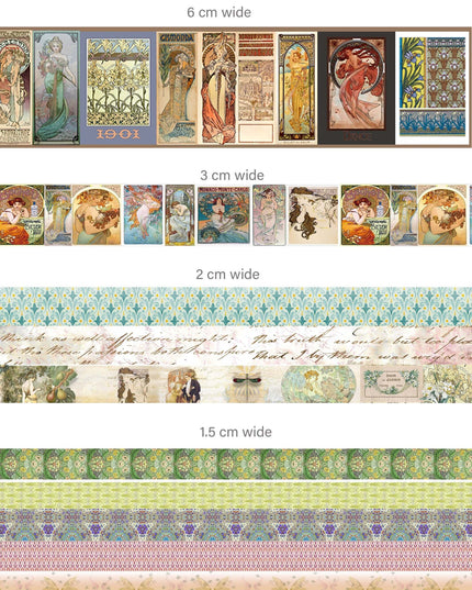 Alphonse Mucha Art Tapes (ensemble de bandes autocollantes washi Art Nouveau Color/Gold Metallic) albums, découpage, cartes de bricolage et décoration