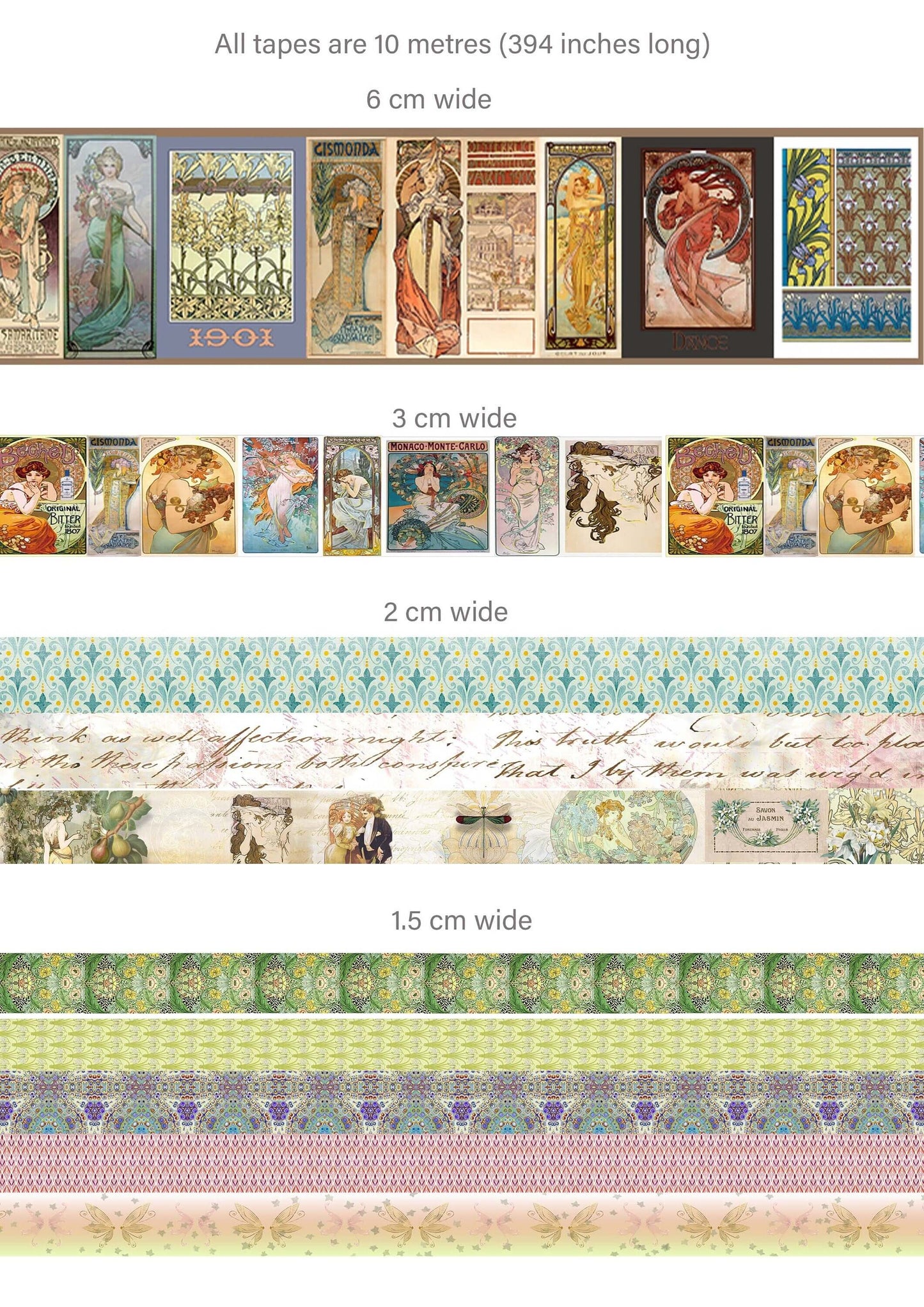 Alphonse Mucha Art Tapes (Art Nouveau Color/Gold Metallic washi sticker tape set) scrapbooks, decoupage, DIY cards and decorating