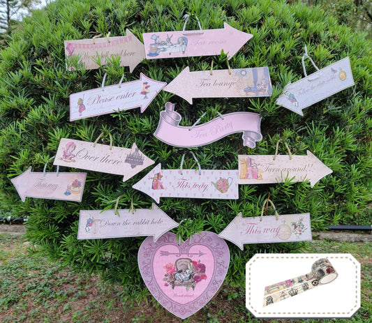 Alice in Wonderland Queen of Hearts Hanging Heart Arrows Signs with washi Tapes. Re useable Tea Party Decorations