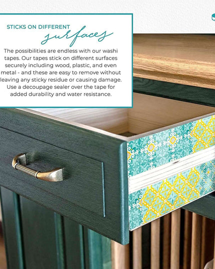Tile Pattern Washi Tape (Retro Yellow, Teal Blue Tiles washi Tape (Extra Wide) temporary wall borders that leave no sticky residue