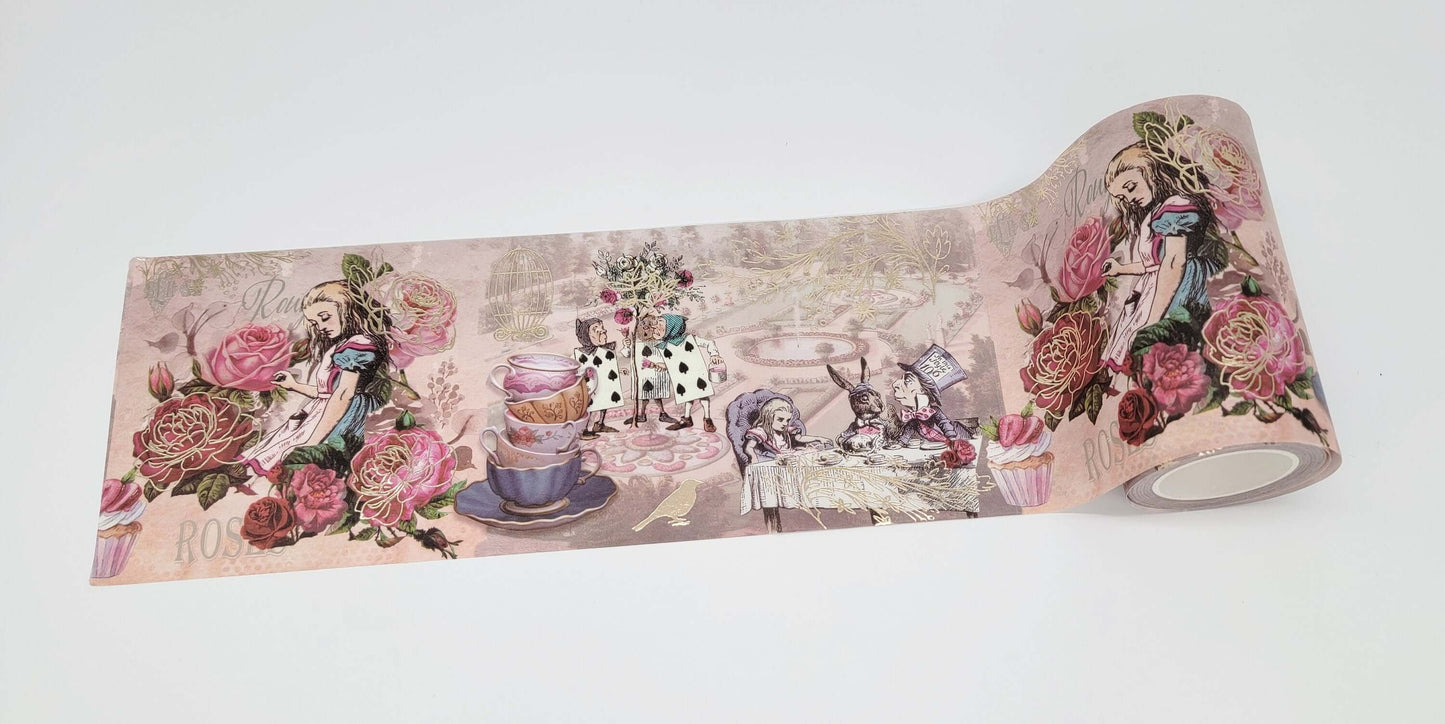 Alice in Wonderland Gold foil Extra Wide washi sticker tape for scrapbooks, Crafts, journals, DIY Cards Tea Party Decorations…