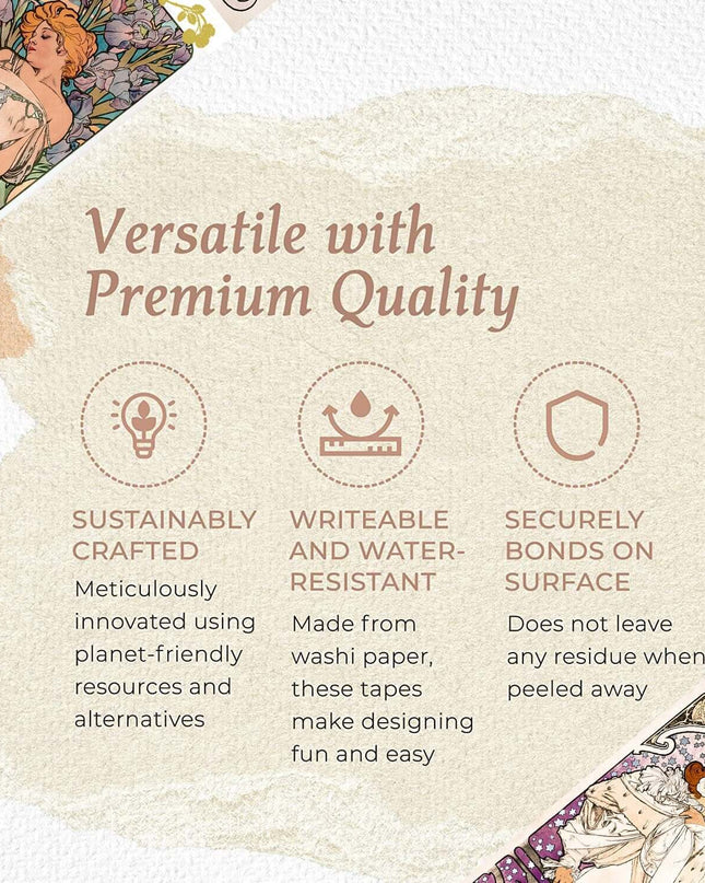 Deluxe Alphonse Mucha Art Nouveau Gold foil washi tapes set of 5 rolls. EXTRA WIDE / LONG tapes!