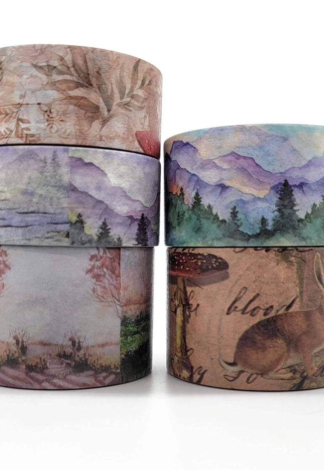 Mountain woodland  forest Nature washi Tape Set 5 Rolls of Extra Long Tapes 10 metres  for journals, scrapbooks, crafts, gift wrapping