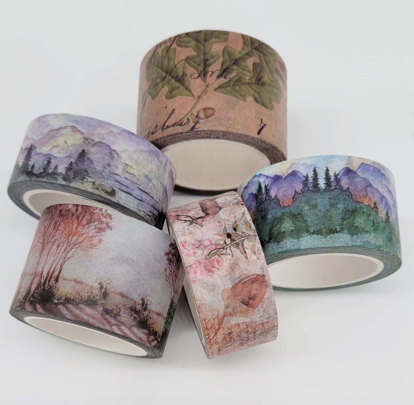 Mountain woodland  forest Nature washi Tape Set 5 Rolls of Extra Long Tapes 10 metres  for journals, scrapbooks, crafts, gift wrapping