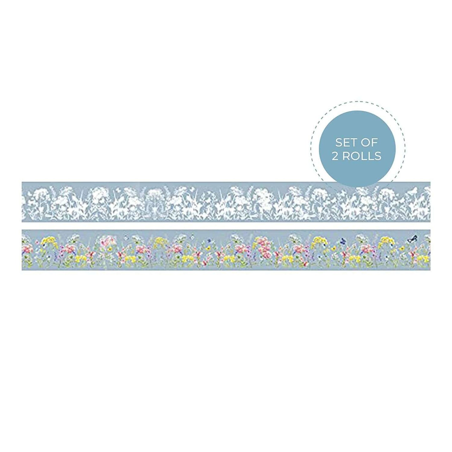 Wildflowers Themed Wide Washi Tape, Set of 2 Beautiful Flowers & Butterflies Decorative Tape Rolls, Extra Long Wide, DIY Craft Supplies