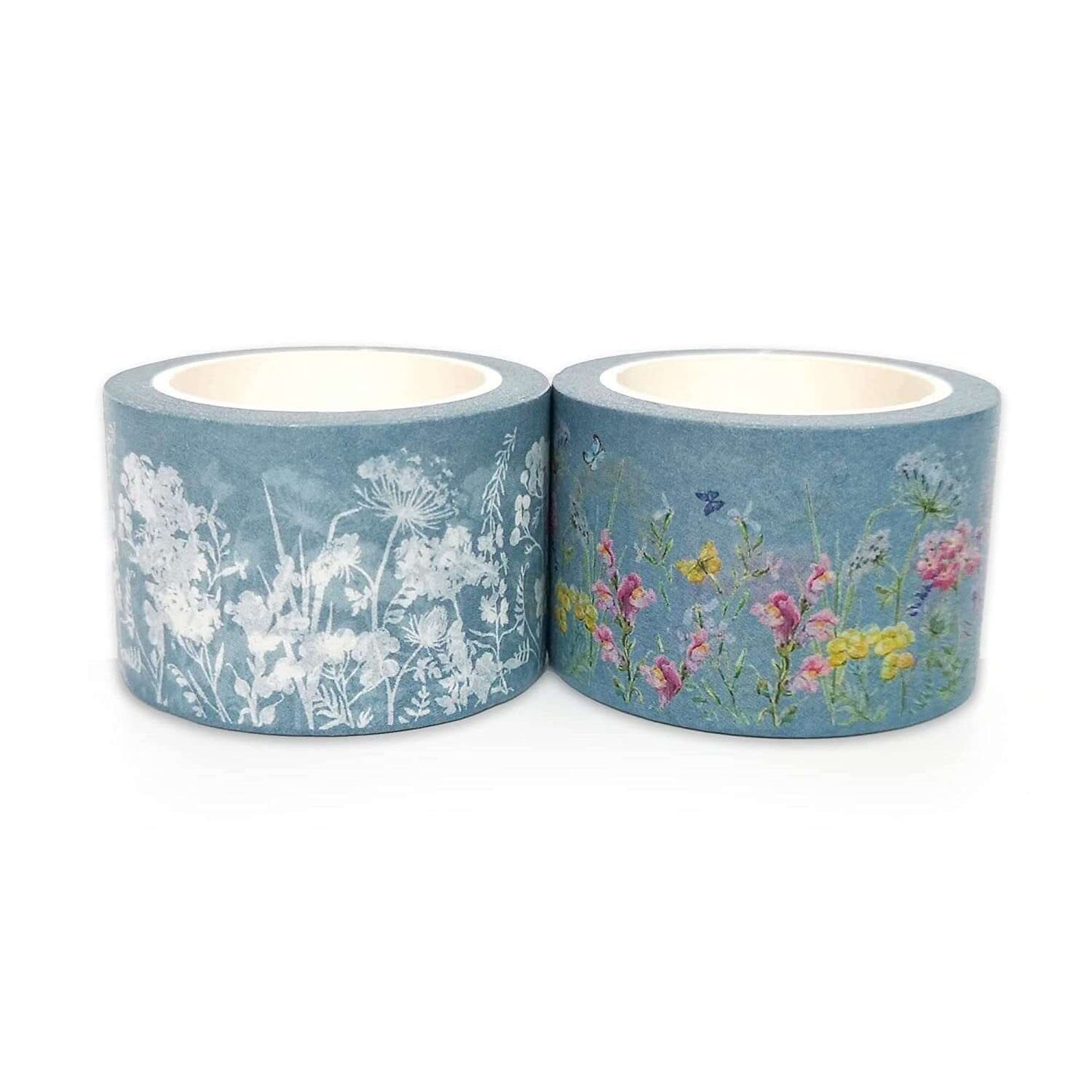 Wildflowers Themed Wide Washi Tape, Set of 2 Beautiful Flowers & Butterflies Decorative Tape Rolls, Extra Long Wide, DIY Craft Supplies