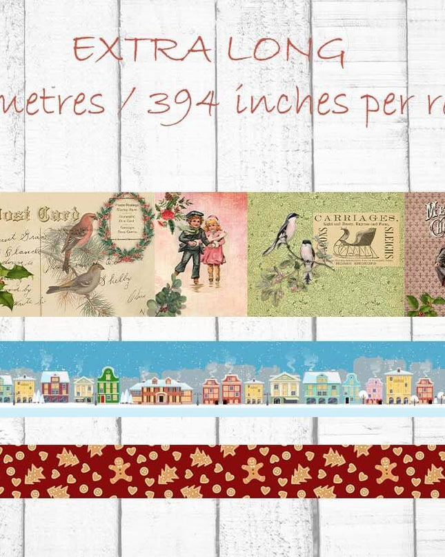 Vintage Christmas holiday winter washi Tapes Set. Extra Wide Tapes Featuring Gingerbread Men, a Snowy Village and Victorian scenes